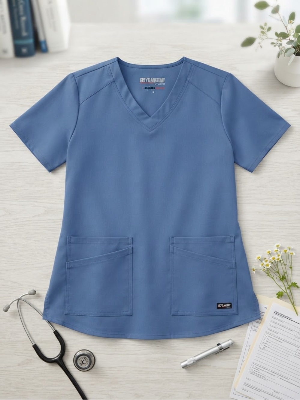 Grey’s Anatomy by Barco Spandex Stretch Blue Scrub Top Size S Medical Uniform